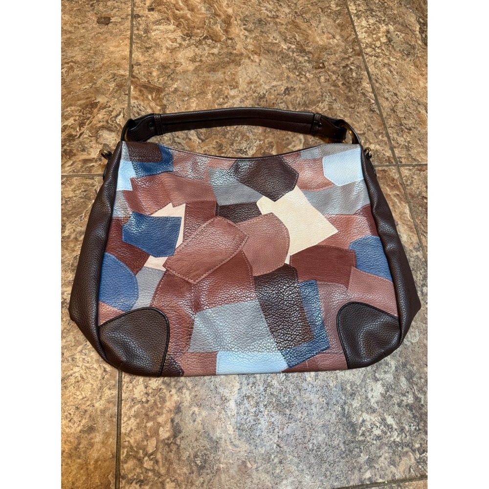 Multicolor Patchwork Hobo Bag Pebbled Vegan Leather Shoulder Purse Brown Blue